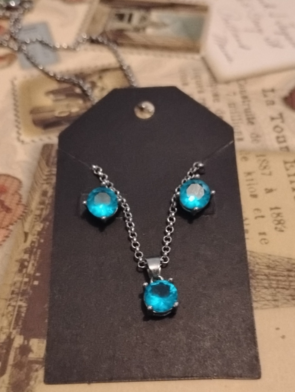 Silvertone Necklace and Pierced Earring Set w/ Bright Blue Crystals Fashion